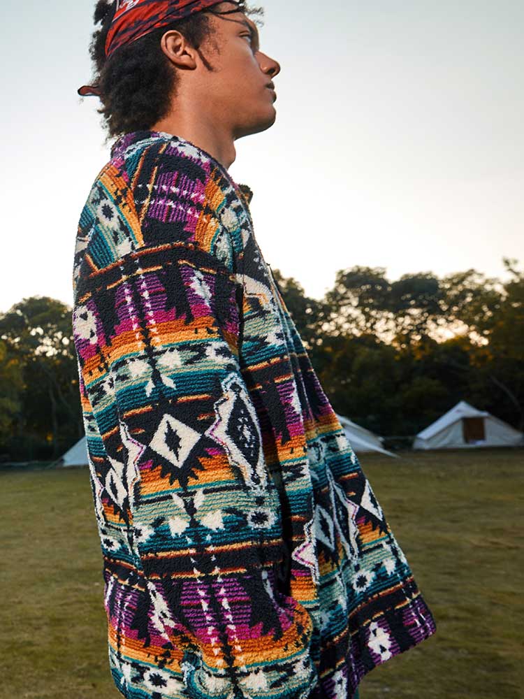 ZAFUL Hoodie for Men Aztec Print Fluffy Sweatshirt Zip Up